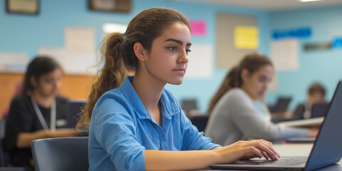 A girl is sitting at a desk with a laptop open. She is focused on her work and she is in a serious mood