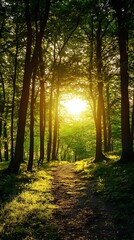 Obraz premium Sun shining through trees on a forest path. Nature scenery, sunlight, woodland path, green leaves.