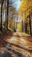 Obraz premium Sunlit Pathway Through Golden Autumn Forest