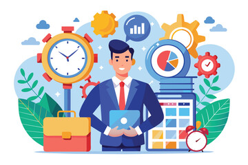 A businessman holds a tablet in front of clocks, charts, and gears representing time management efficiency, Business time management illustrated in a flat style.