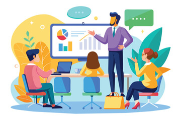A group of professionals engages in business training, focusing on interactive analytics and discussion, Business training with large screen concept illustrated in a flat style.
