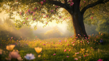  Sunlit tree with flowers in magical meadow at golden hour