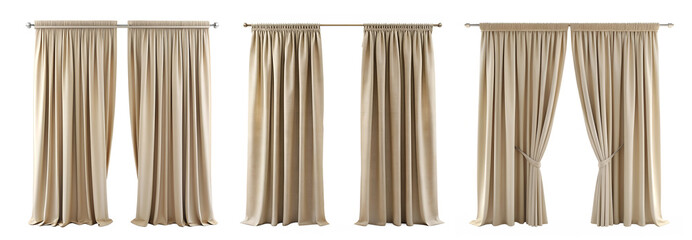 Set of beige curtains simple with various drape folds isolated on white transparent background, cut out png element.