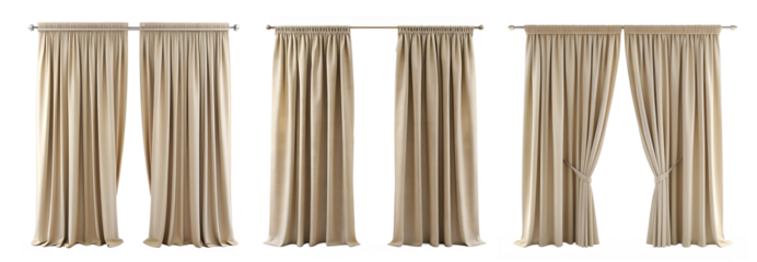 Set of beige curtains simple with various drape folds isolated on white transparent background, cut out png element.