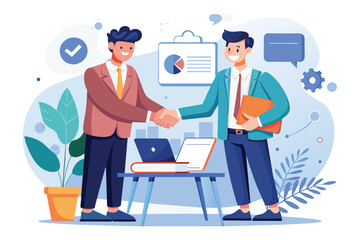 Two professionals shake hands enthusiastically, marking the beginning of a significant business agreement, Businessman and client shaking hands to sign a contract, illustrated in a flat style.