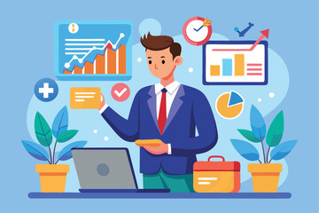 Naklejka premium A businessman reviews and checks off trending items while using a laptop in his office setting, Businessman checking off trending items on a flat illustration.