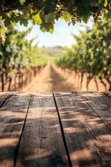 Fototapeta premium Stunning wooden table top surrounded by a blurred vineyard landscape in vibrant colors