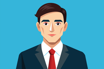 A businessman dressed in a suit and tie poses confidently on a vibrant blue backdrop, Businessman in a flat illustration.