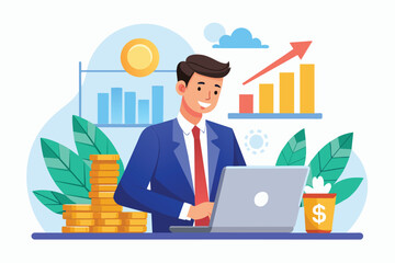 Fototapeta premium A businessman is actively investing money online, analyzing charts and market patterns for growth, Businessman investing money online with investment growth report, flat illustration.