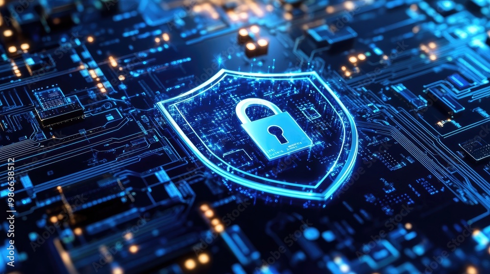 Poster personal data security system visualized with a virtual lock and shield icon, symbolizing the protec