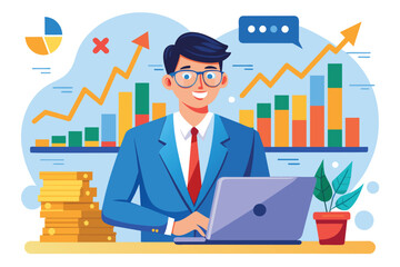 Fototapeta premium A businessman in a blue suit examines profit graphs on a laptop, surrounded by money and a plant, Businessman invests capital and analyzes profit graph for stock trading investment.