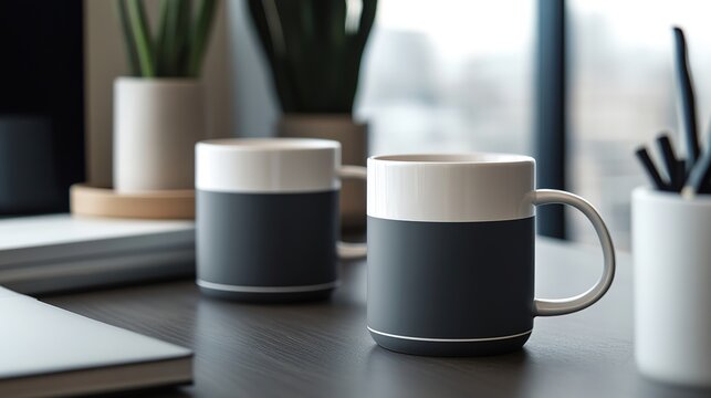 A promotional image featuring a set of matching coffee break mugs, ideal for office use, each with a sleek and modern design.
