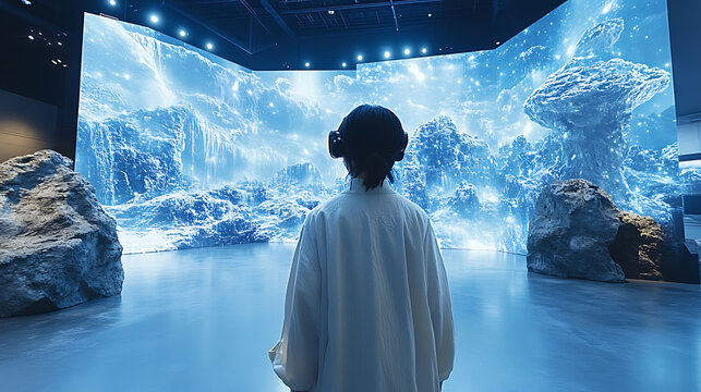 Ar art installation where interactive digital murals come life with visitor movement blending abstract visuals with immersive augmented reality landscapes