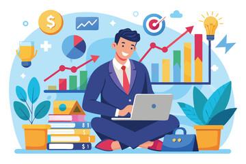 Fototapeta premium A businessman reviews data graphs on a laptop while sitting in a stylish workspace, focusing on growth, Businessman studying graph for business goals and success, flat illustration.