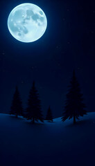 Fototapeta premium A dark minimalistic scene featuring a moonlit snowy landscape, creating a serene and tranquil atmosphere, with soft shadows and a tranquil ambiance