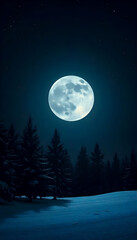 Fototapeta premium A dark minimalistic scene featuring a moonlit snowy landscape, creating a serene and tranquil atmosphere, with soft shadows and a tranquil ambiance