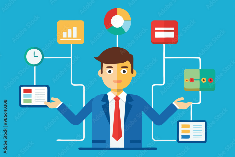 Poster a businessman reviews a flowchart and data visualizations, showcasing analytical skills at work, bus