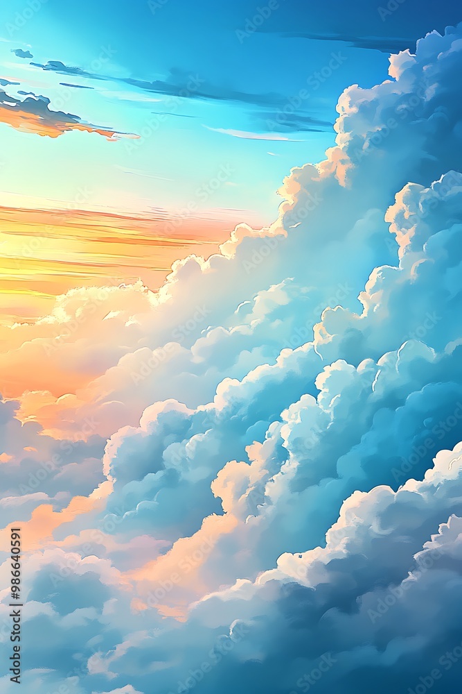 Poster Abstract painted sky with clouds and colorful sunset