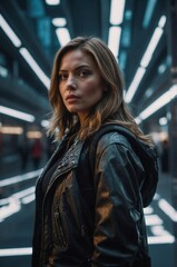 Fototapeta premium A woman stands confidently in a modern urban setting, highlighting her adventurous spirit in a stylish jacket.