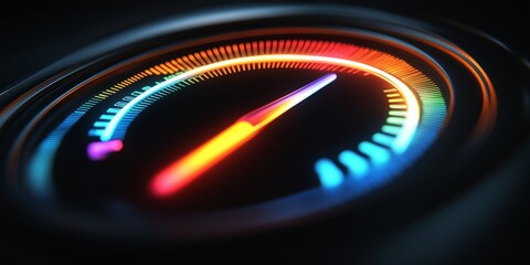 A digital speedometer with a red, yellow, and blue line