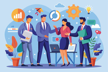 Four professionals are discussing a collaboration agreement in a vibrant office environment with charts and plants, Businessmen collaborating and making an agreement with a brand management company.