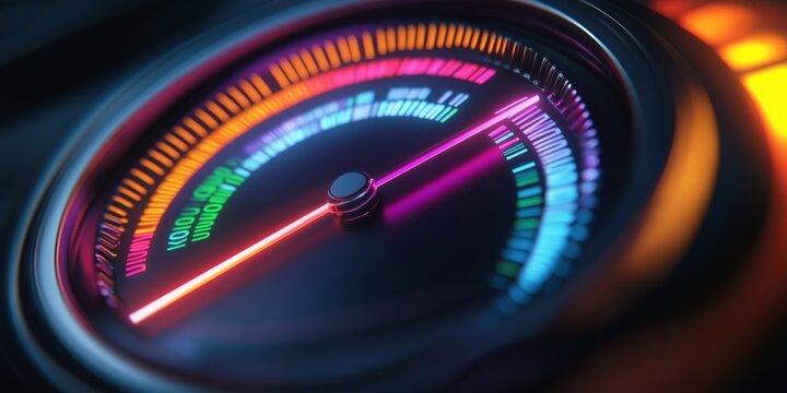 A digital speedometer with a rainbow display. The colors are bright and vibrant, giving the impression of a futuristic or high-tech device
