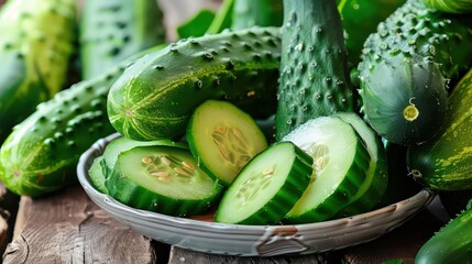 Add subtle details like a cutting board or knife beside the cucumbers to give the scene a natural,