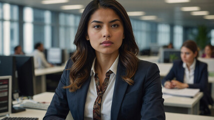 Obraz premium contemporary office setting, a focused young Latin businesswoman is engrossed in her computer work. online business data market analysis. This sharp features and determined posture in high definition.
