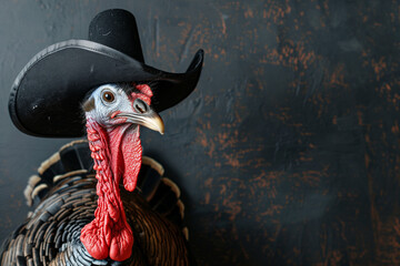 Turkey Dressed As an American Colonist Pilgrim in a 16th Century Hat Celebrating the Humorous Side of Thanksgiving Tradition