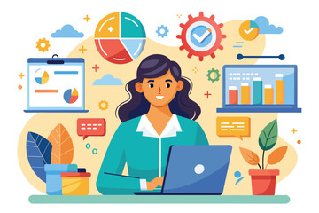 A businesswoman focuses on her laptop, using flat illustrations to enhance a project while surrounded by charts, Businesswoman using flat illustrations for project planning and project management.