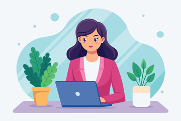A businesswoman focused on her laptop at a stylish workspace filled with plants and soft colors, Woman working on laptop, flat illustration.