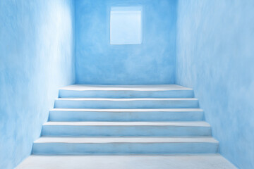 Fototapeta premium Staircase leading to a small window in a serene blue-painted wall setting