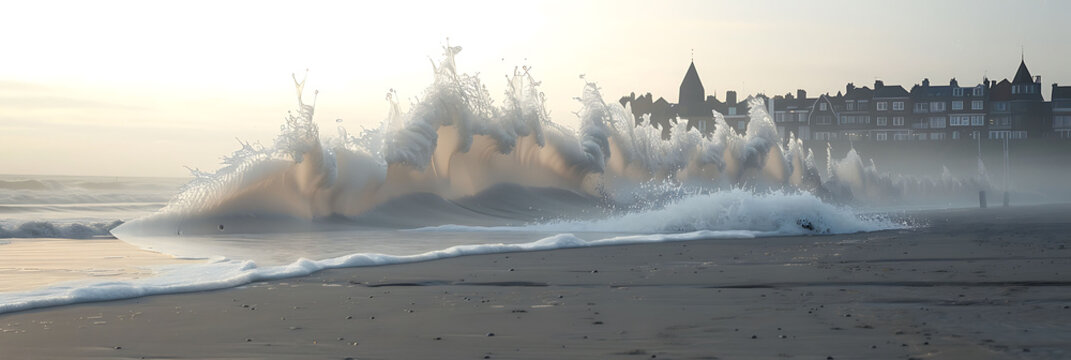 Augmented reality art installation a beach where digital waves rise and fall transforming the shoreline into an interactive space that reacts to human movement