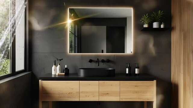Modern bathroom with large sink and mirror, smooth looping video
