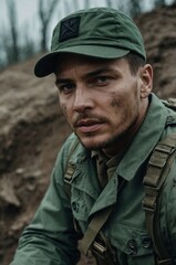 Obraz premium A reconnaissance soldier navigating a trench during a tense moment in a military operation in an active combat zone.