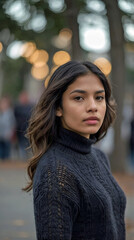 Fototapeta premium Portrait of a Young Woman With Long Wavy Hair Wearing a Black Knit Sweater Looking Calmly Ahead in an Outdoor Setting With Blurred Lights