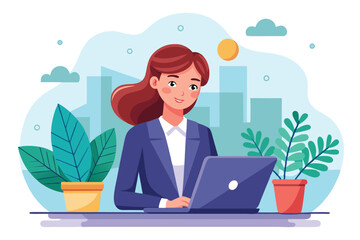 A professional woman is focused on her laptop, surrounded by green plants in a sunny office, Career woman checking business in flat illustration.