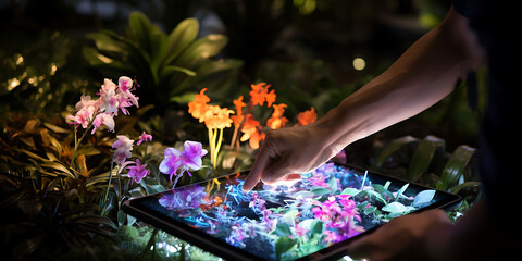 Fototapeta premium Augmented reality experience where visitors walk through park and see digital flora and fauna bloom and disappear blending nature and technology