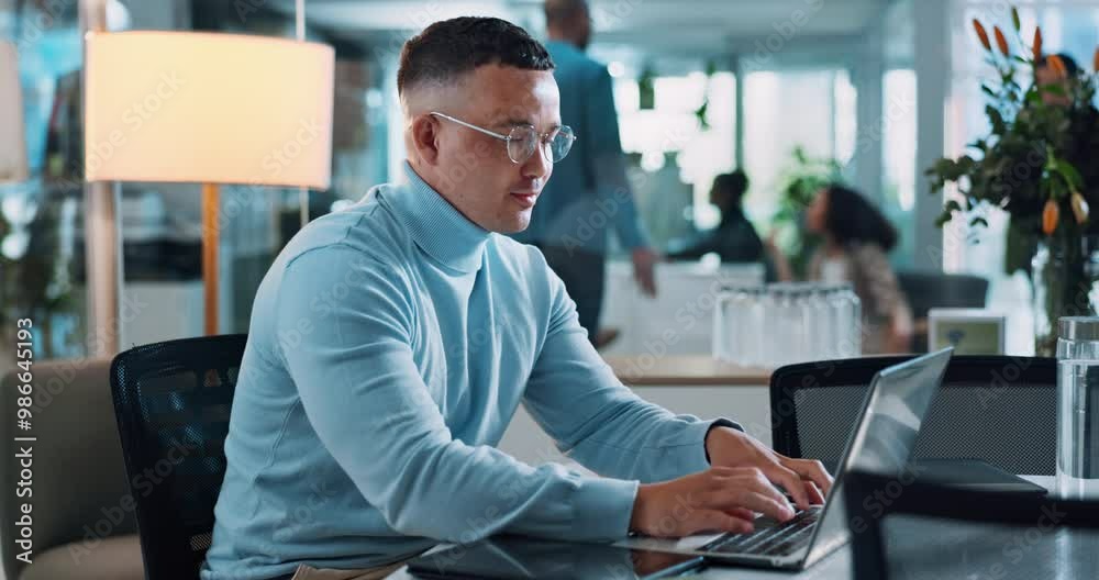Poster research, laptop and online with man in office for planning, rpa management and ai software developm