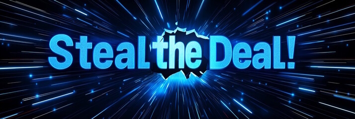 "Steal the Deal" glowing text with blue light rays shooting outward. Ideal for highlighting special discounts, limited-time offers, and online shopping events