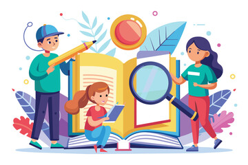 Naklejka premium Children engaged in creative activities with a magnifying glass and pencil, Characters using magnifying glass and pencil to edit and correct mistakes in a book, illustrated in a flat style.
