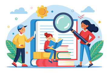Fototapeta premium Children exploring their curiosity with a magnifying glass and pencil while, Characters using magnifying glass and pencil to edit and correct mistakes in a book, illustrated in a flat style.