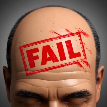 Forehead of a bald man with the label "fail" in the forehead