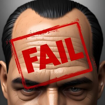 Forehead of a man with the label "failed"