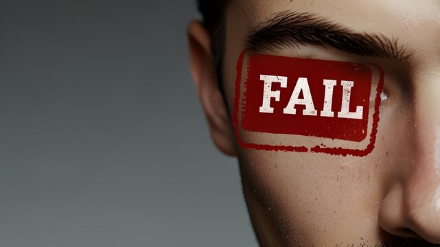 Face of a man with the label failed in the eye