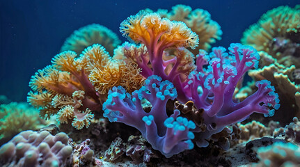 Closeup of Vibrant Purple and Orange Coral in a Deep Ocean Surrounded by Colorful Marine Life and Illuminated by Soft Underwater Light