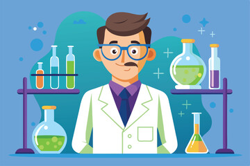 A chemist in a white lab coat is conducting experiments with colorful liquids in glassware and equipment, Chemist Illustration