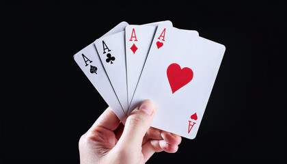 Playing cards, diamond, spade, clover, heart, A, ace, four cards, black background, close-up