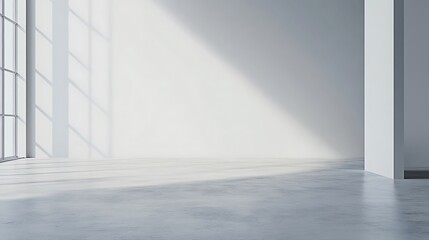 Obraz premium Empty white room with large window, concrete floor and sunlight streaming through.