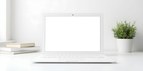 Obraz premium A clean white workspace featuring a sleek laptop, minimalist decor, and ample natural light, creating an inviting and productive atmosphere
